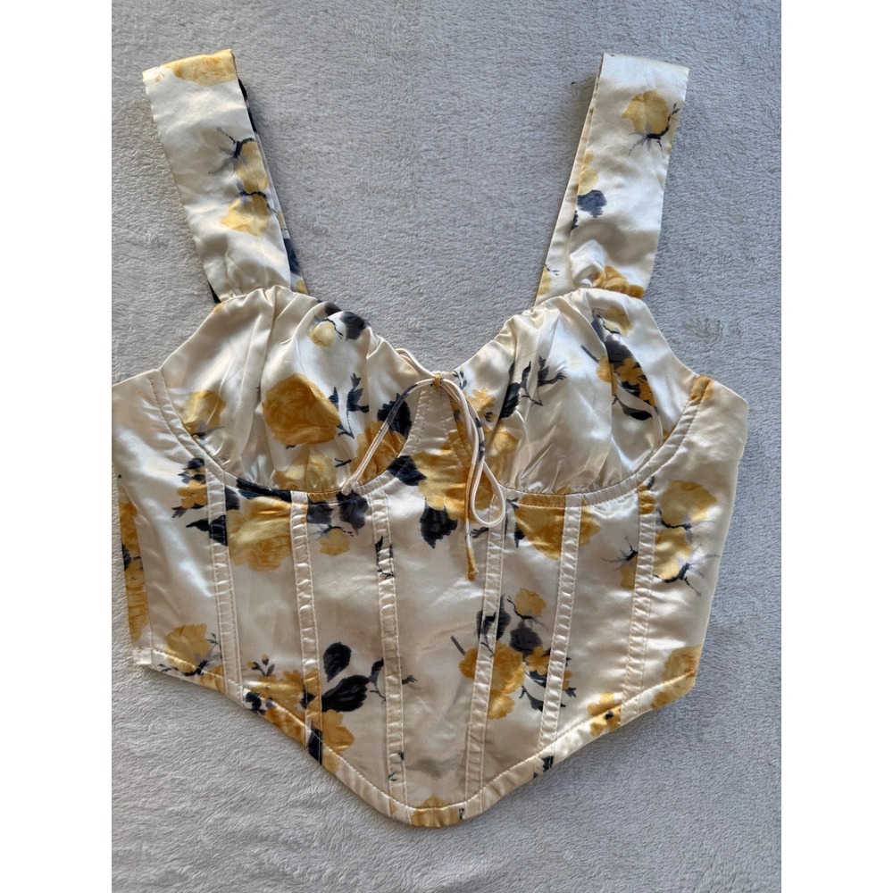 Corset Top Womens Small Cream Yellow Floral Satin Boned Cropped Tank Zip